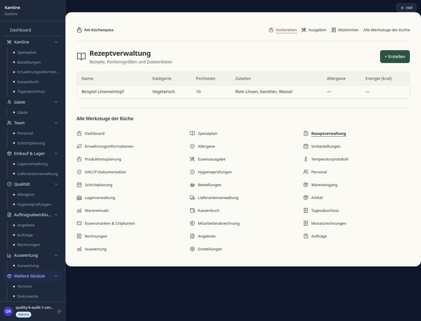 Kantine · Echte Produktansicht mit gespeicherten fiktiven Beispieldaten.
