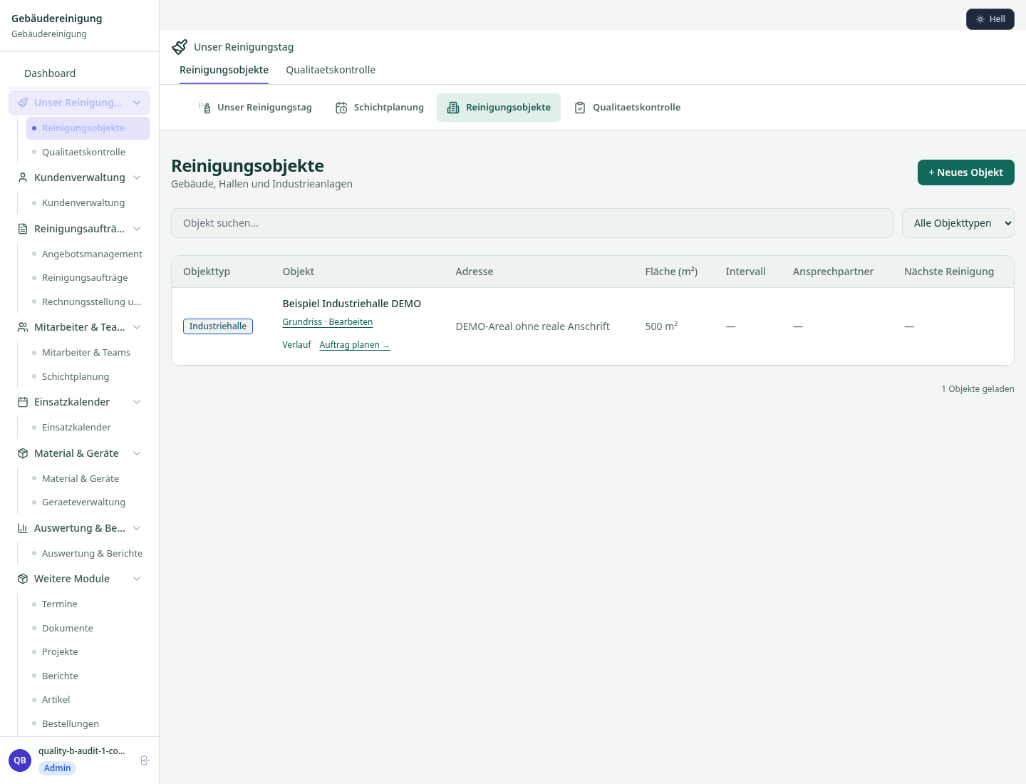 Gebäudereinigung · Echte Produktansicht mit gespeicherten fiktiven Beispieldaten.